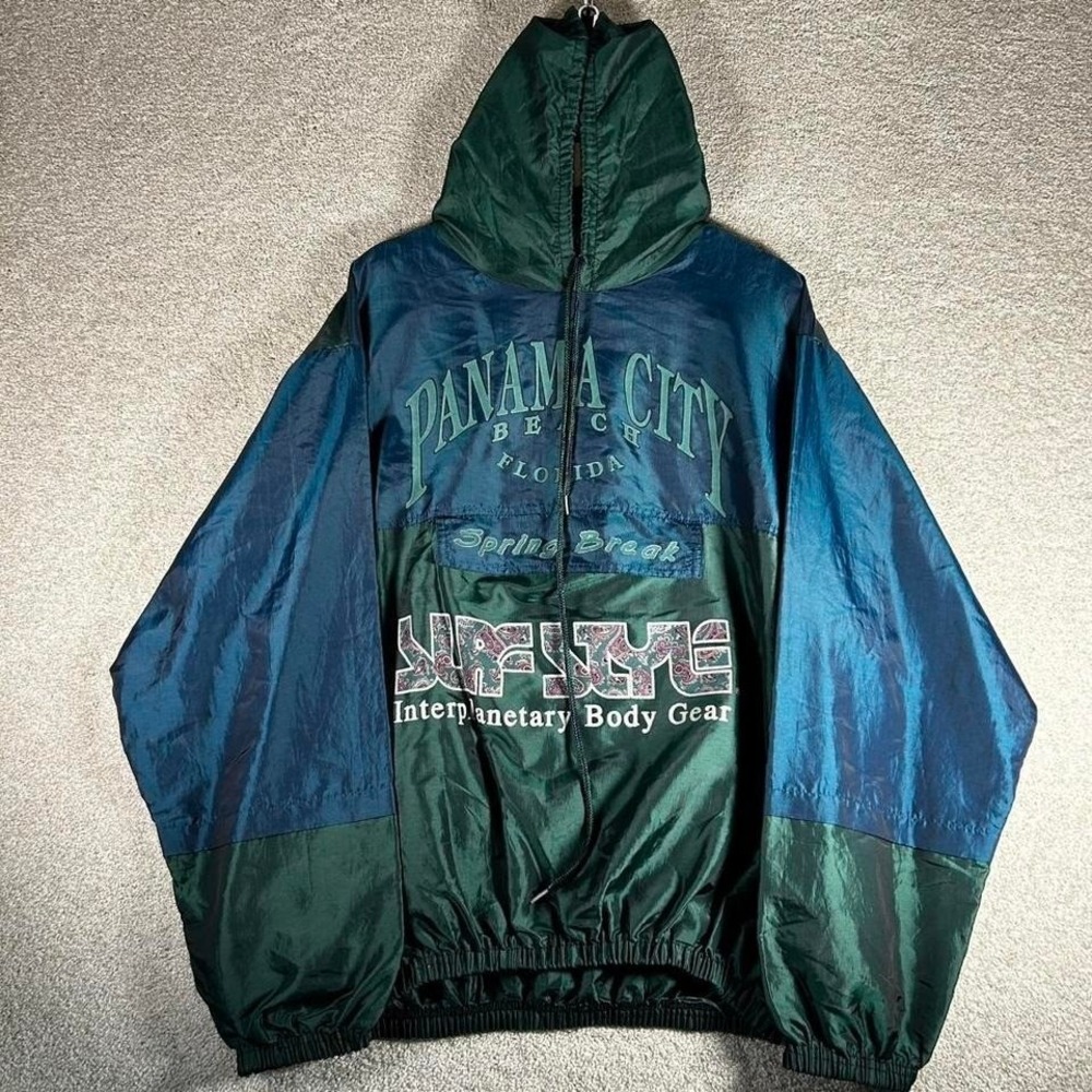 Vintage 80s Surf Style spring break paisley print green and blue windbreaker
